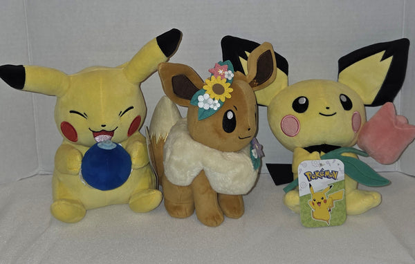 Pokemon 8 Inch Spring Plush Eevee, Pikachu, Pichu