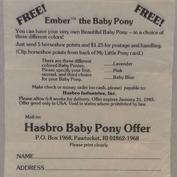 Ember The Baby Pony Order Form My Little Pony Vintage Used