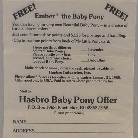 Ember The Baby Pony Order Form My Little Pony Vintage Used